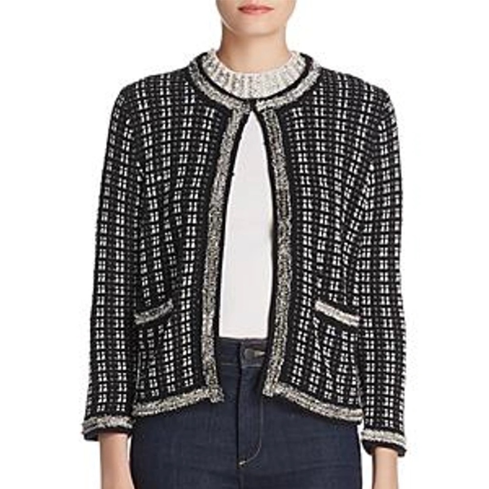 Alice And Olivia Goergia Boucle Tweed Chain  Embellished Sweater Jacket